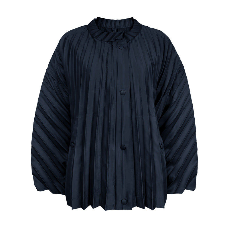 Three-Dimensional Pleated Trench Coat Casual Long Sleeve Coat Women's Common Style Loose Stand Collar Coat