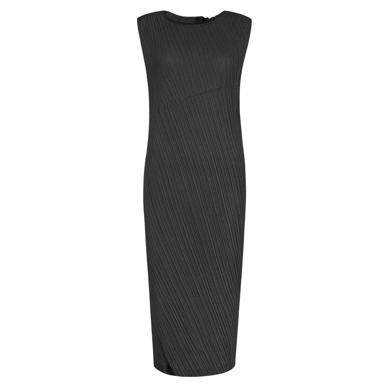 Unique Oblique Waist Slimming Dress Elegant Split Sleeveless Mid-Length Zipper A- line Skirt