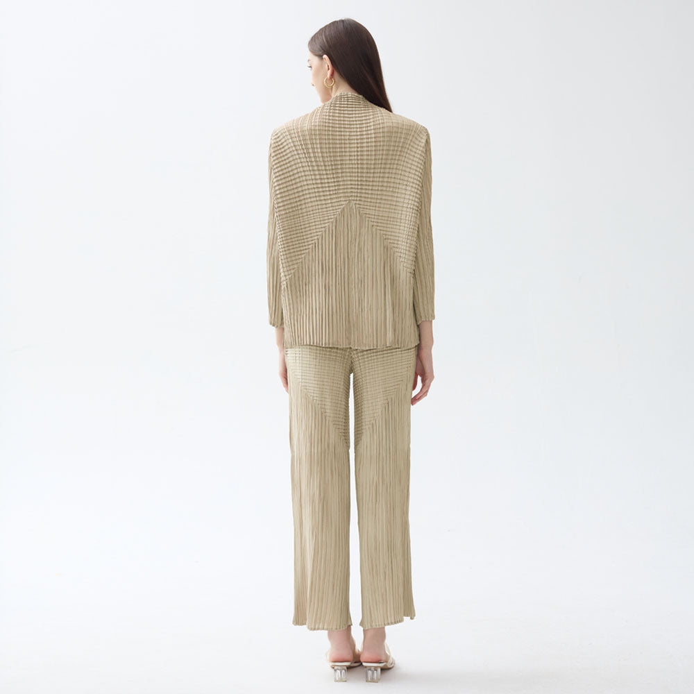 Two-Piece Solid Color Long Sleeve Pleated Shirt Casual Straight Pants Suit Women