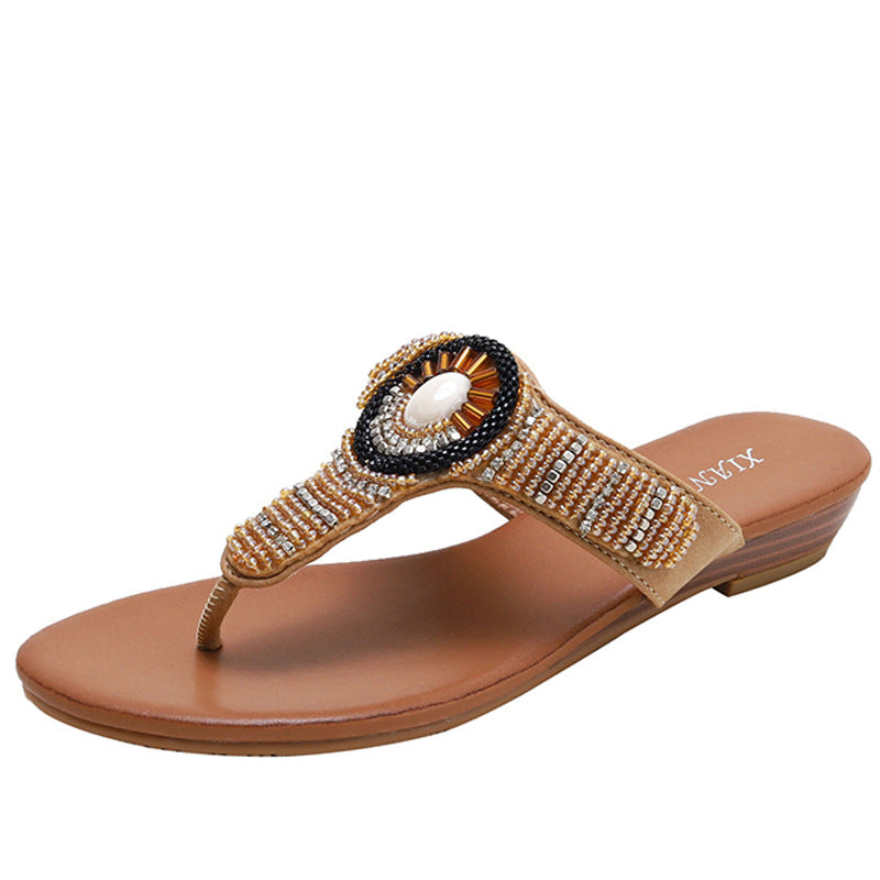 Flip-Flops Beach Shoes Slippers Summer Fashion Outdoor Wear Sea Holiday Side Ethnic Wedge Rhinestone Sandals