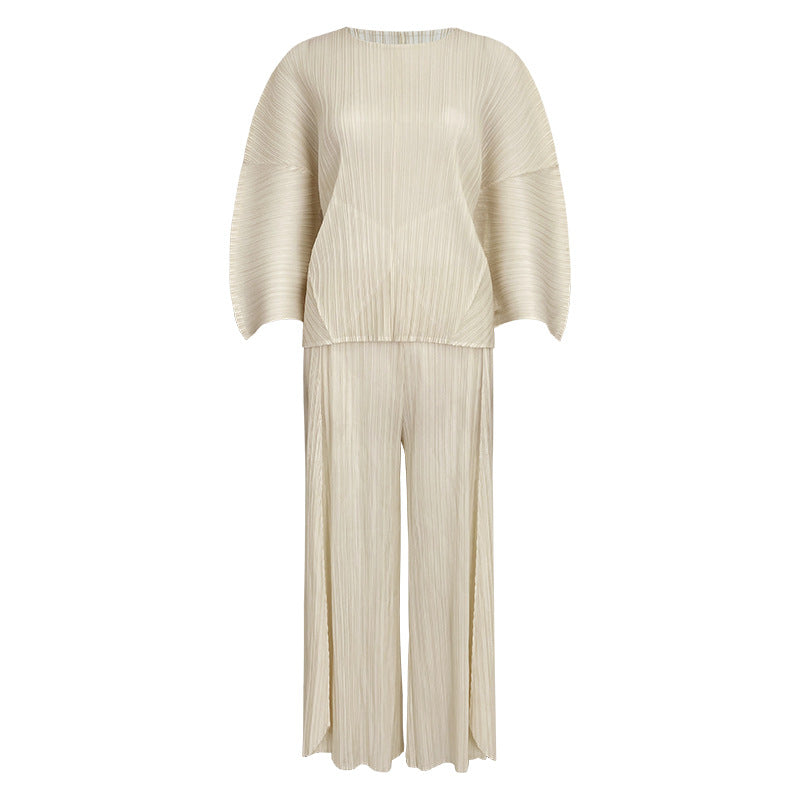 Solid Color Casual Loose Outfit Thin Bell Sleeve Top Wide Leg Wide Leg Pants Two-Piece Set for Women