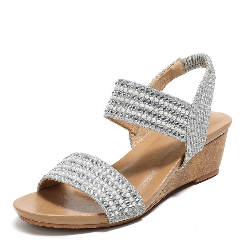 Fashion Heel Shoes Roman Shoes Rhinestone Elegant Heel Casual Wedge Sandals for Women