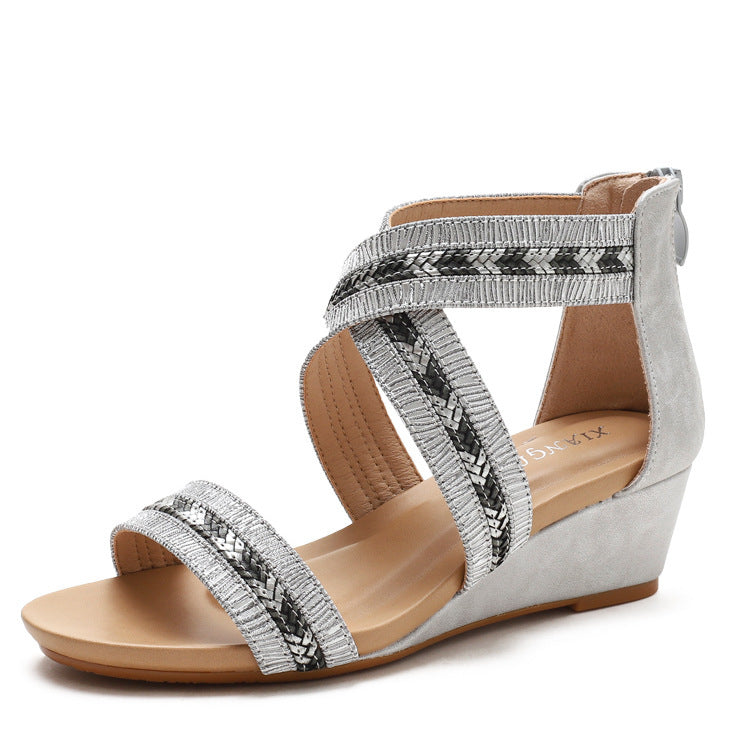 Women's Wedge Sandals Summer Non-Slip Ankle-Strap Open Toe Roman Shoes Back Zipper 39-42 plus Size