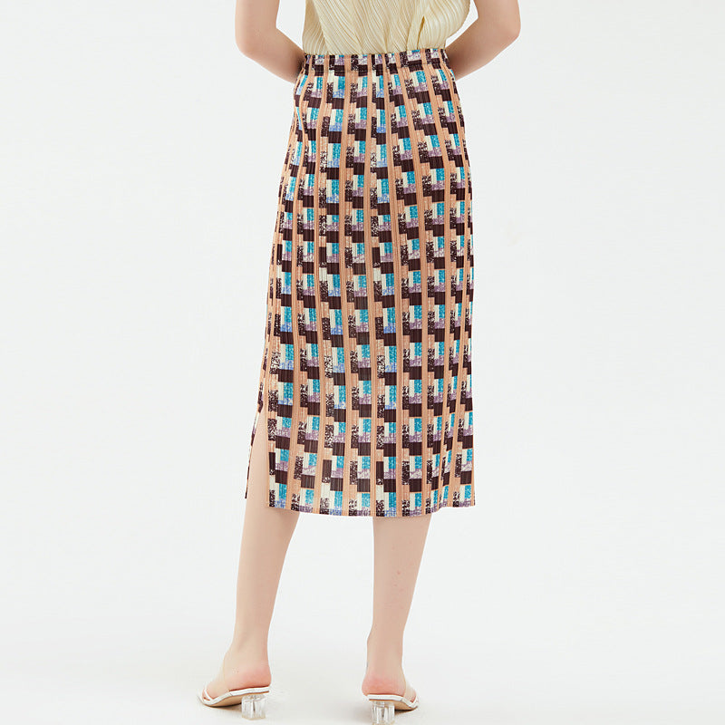 Split Houndstooth Midi Dress A- line Skirt Women's Summer
