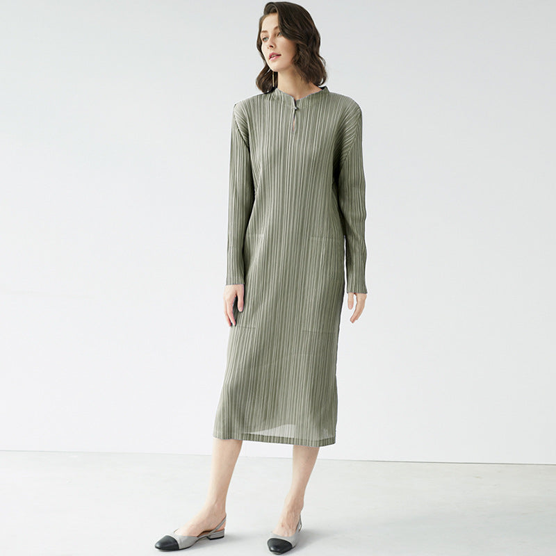 Slim Fit Slimming Mid-Length Cheongsam Solid Color Stand Collar Pocket Dress Women