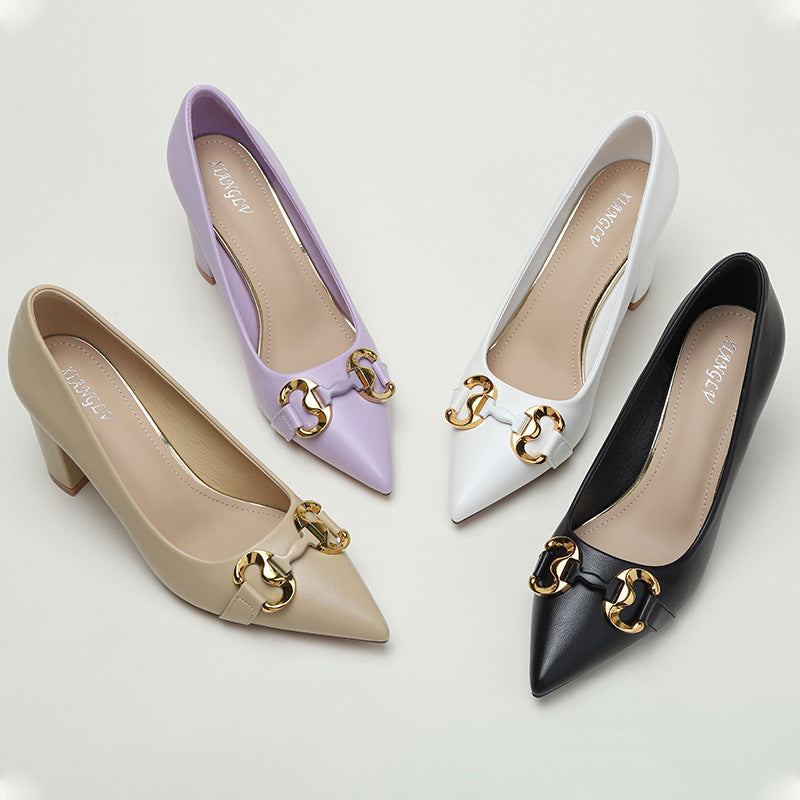 French Style Retro Chunky Heel Shoes Women's Spring and Autumn Temperament Mid Heel