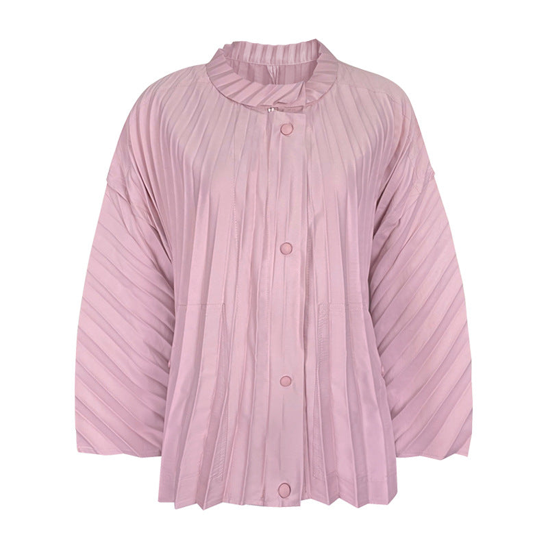 Three-Dimensional Pleated Trench Coat Casual Long Sleeve Coat Women's Common Style Loose Stand Collar Coat