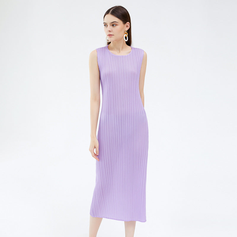 Simple Elegant round Neck Sleeveless Dress Women Mid-Length Vest Skirt