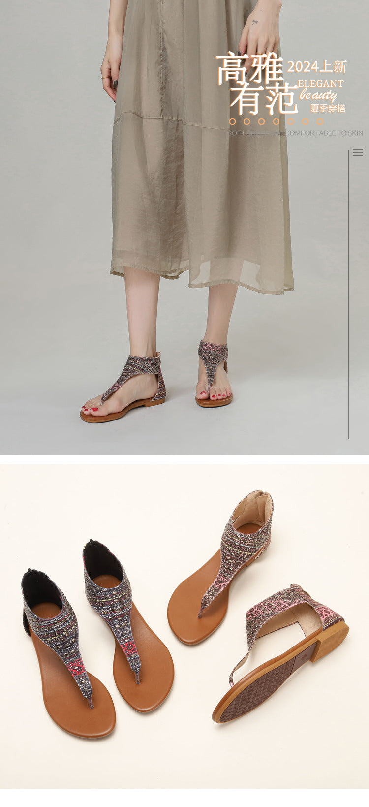 Ethnic Flat Sandals Flip-Flops Rhinestone Seaside Vacation Roman Beach Shoes