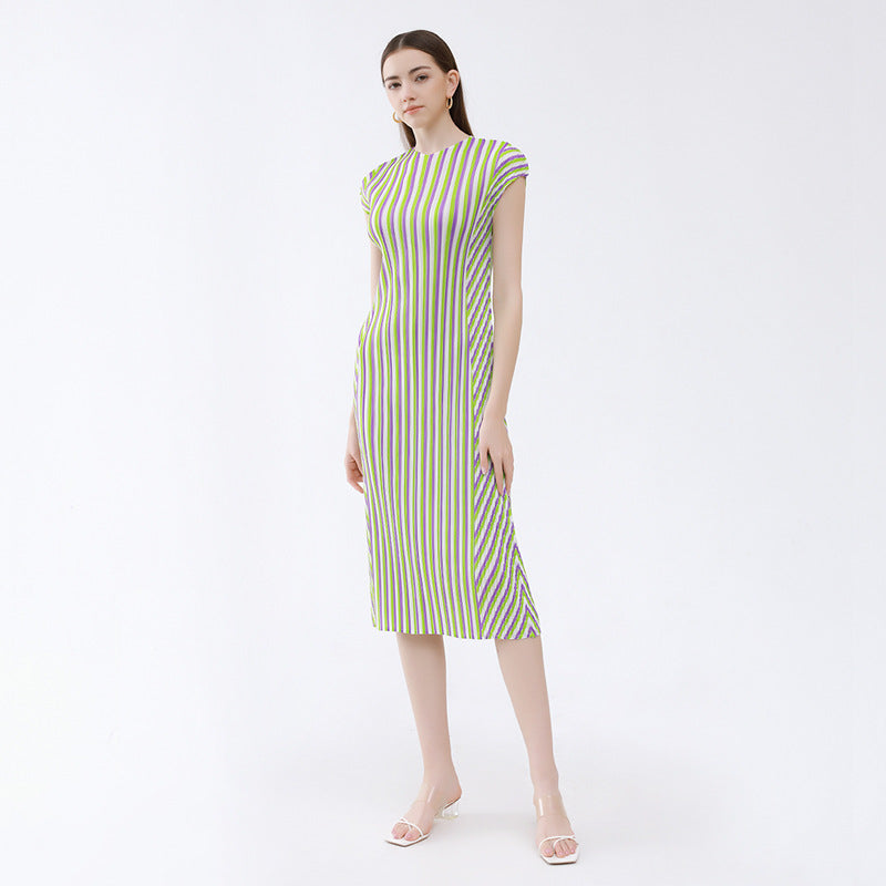 Striped round Neck Sleeveless Pleated Dress Age-Reducing Sleeve Long Slim Fit Straight Skirt