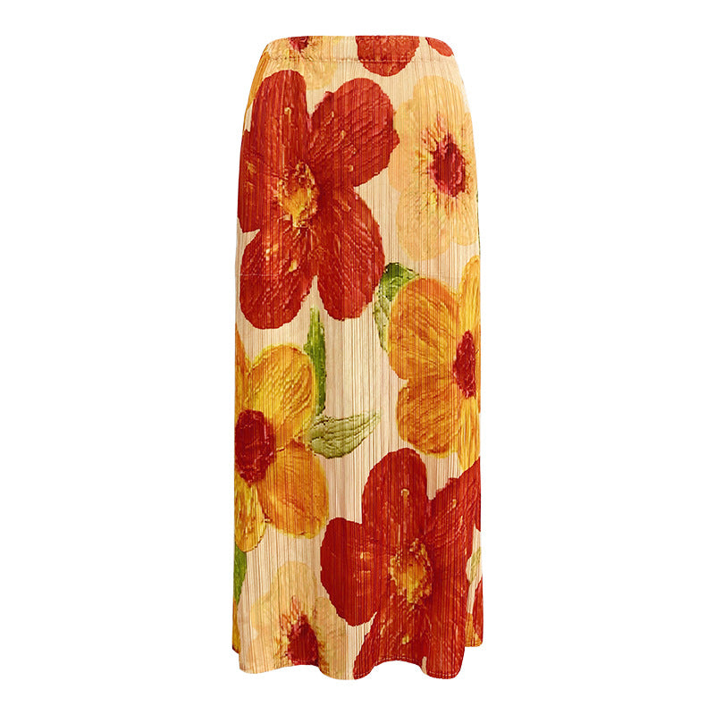 Skirt Collection A- line Skirt Women's Skirt Mid-Length Design Sense Niche Waist Printed Skirt