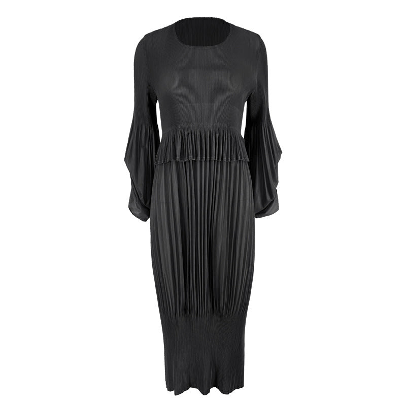 Simple Design Girlish Style Fresh Sweet Pleated Puff Sleeve Lantern Dress Jumpsuit Midi Dress for Women