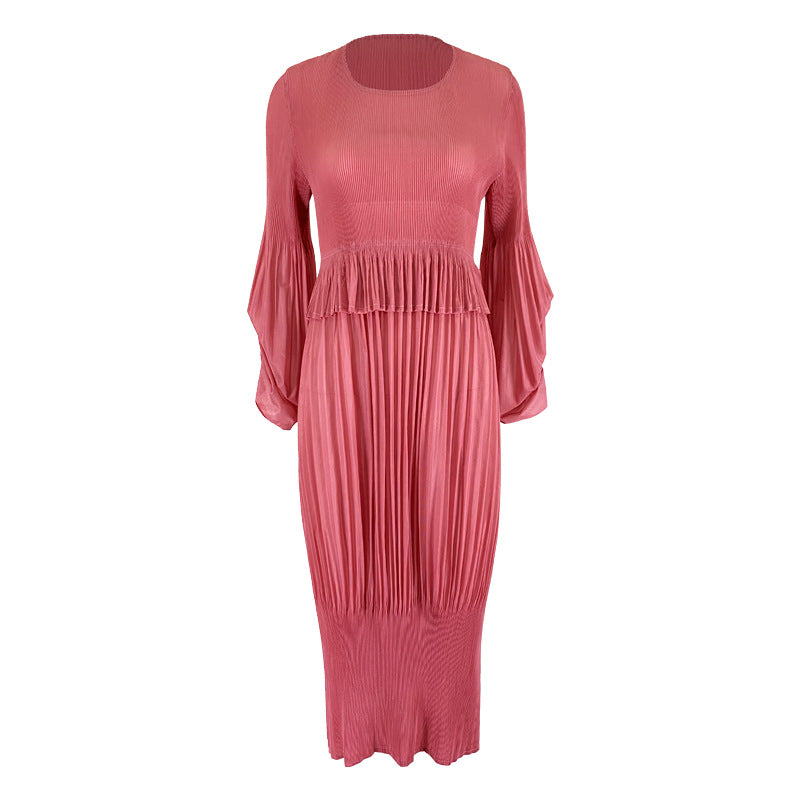 Simple Design Girlish Style Fresh Sweet Pleated Puff Sleeve Lantern Dress Jumpsuit Midi Dress for Women