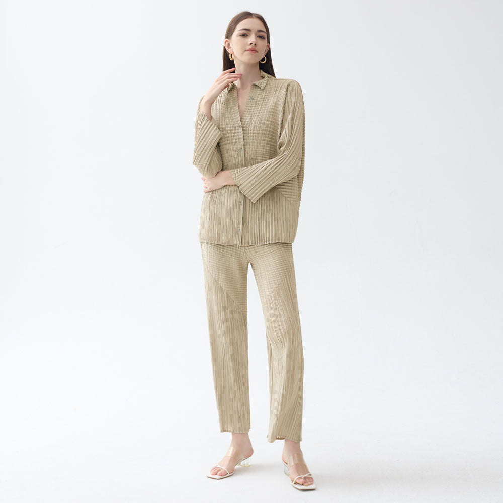 Two-Piece Solid Color Long Sleeve Pleated Shirt Casual Straight Pants Suit Women