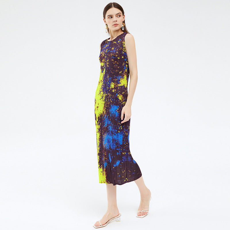 Slimming Starry Sky Printed Dress Women's Sleeveless Elegant Mid-Length A- line Skirt