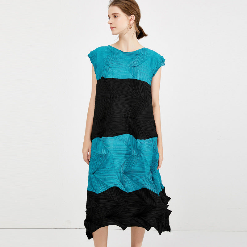 Stitching Contrasting-Color Dress Women's Summer Pleated Sleeveless Waist Pleated Skirt