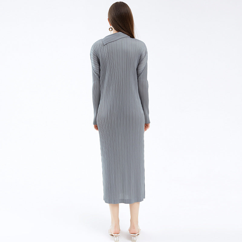 Solid Color Minimalist Long Sleeve Folding Collar Dress Women Slimming Elegant Dress Women