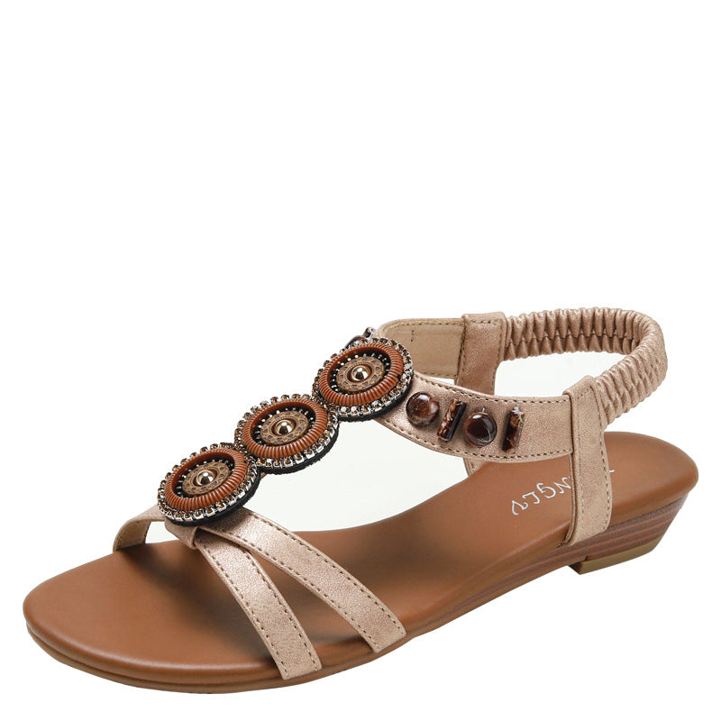 Ethnic Wedge Sandals Summer Bohemian Beaded Beach Shoes Non-Slip Roman Shoes