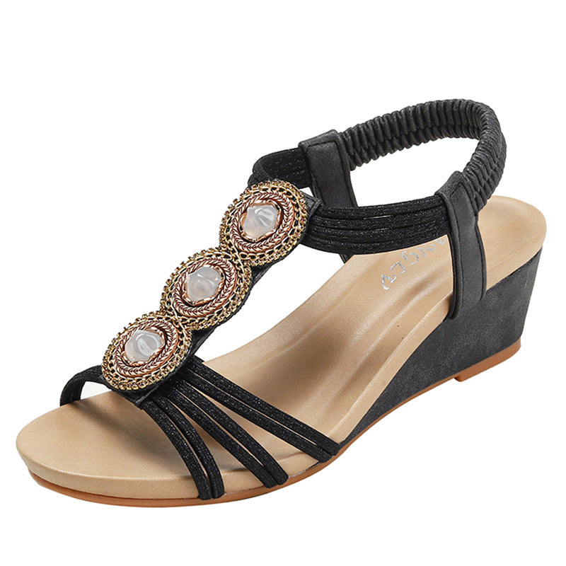 Wedge Sandals Vintage Beaded Open Toe Muffin Roman Shoes