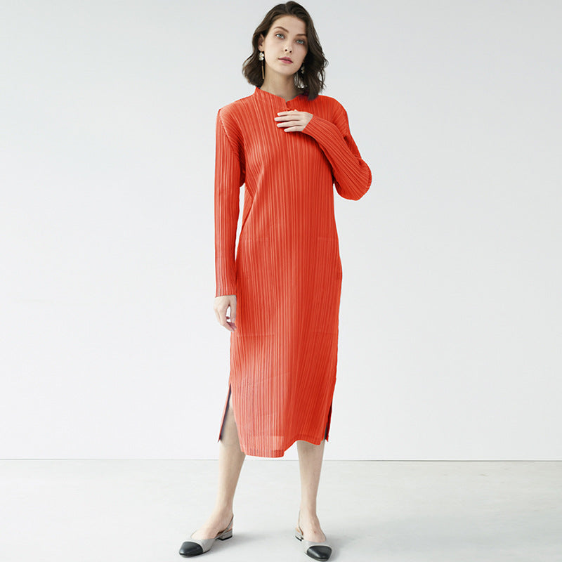 Slim Fit Slimming Mid-Length Cheongsam Solid Color Stand Collar Pocket Dress Women