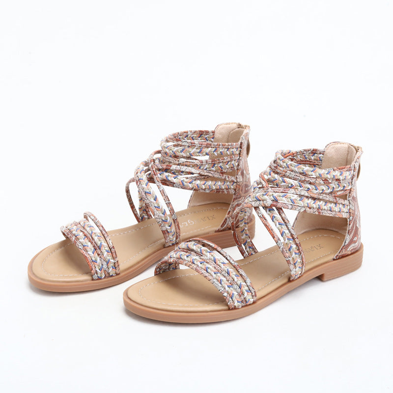 Women's Sandals Flat Roman Cross Strap Bohemian Beach Shoes Women's Seaside Vacation