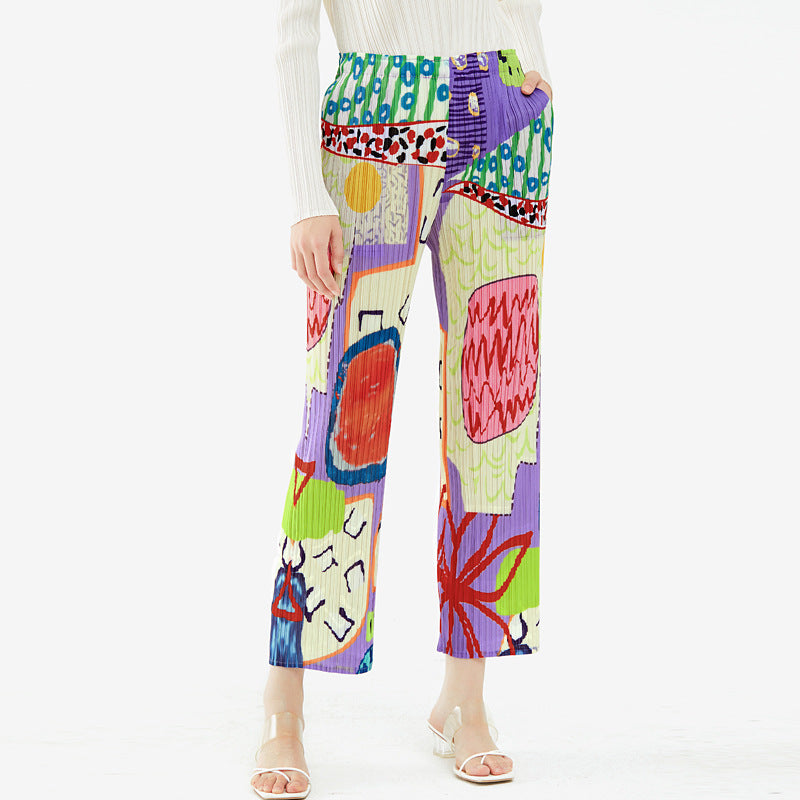 Temperament Printed Waist Pleated Baggy Straight Trousers Casual Pants Trousers for Women