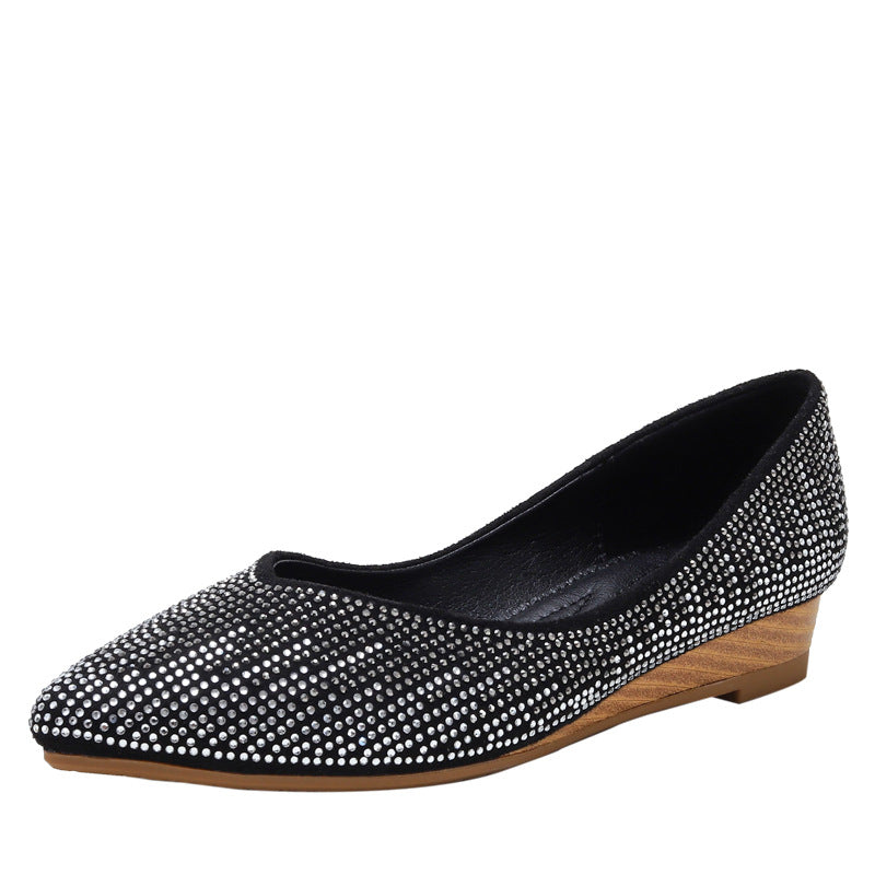 Wedge Shoes Spring and Autumn Low-Cut Rhinestone Inner Height Increase Gommino Non-Slip Mom Shoes