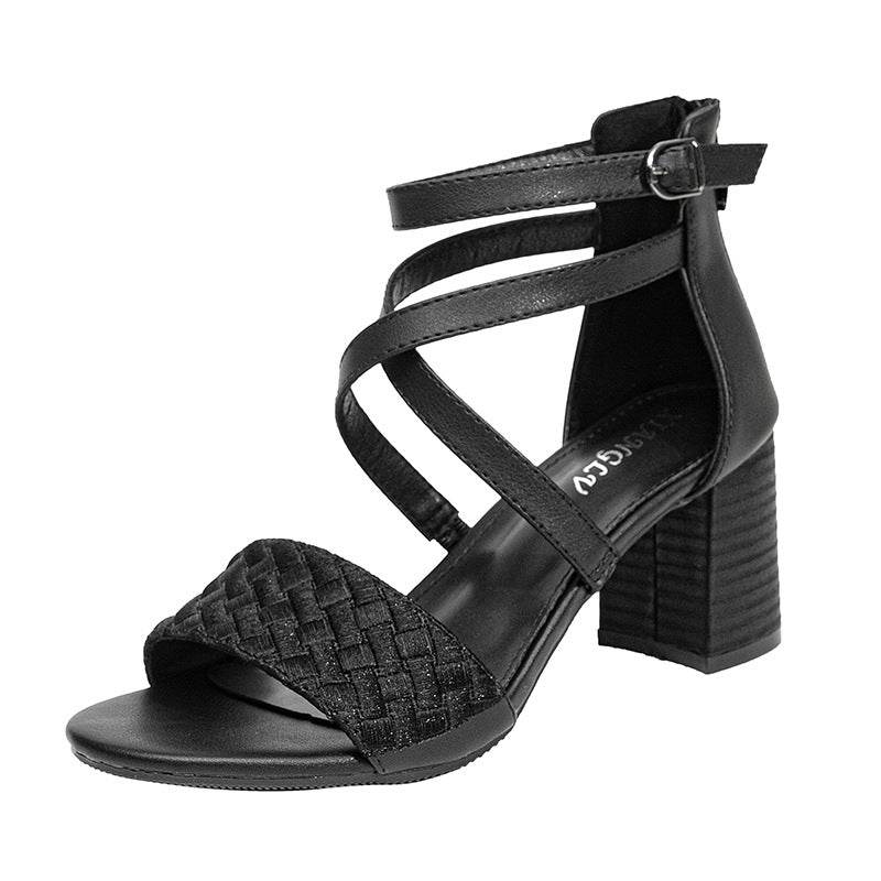 Chunky Heel Shoes Women's Back Zipper Thin Strap Woven Roman Sandals Women