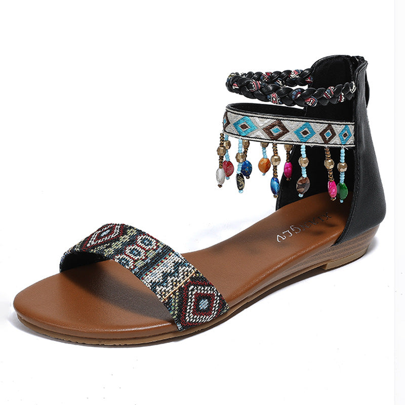 Ethnic Roman Sandals Handmade Beaded Back Zipper Ethnic Bohemian Flat Shoes