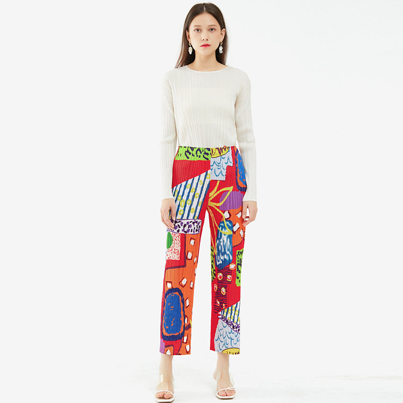 Temperament Printed Waist Pleated Baggy Straight Trousers Casual Pants Trousers for Women