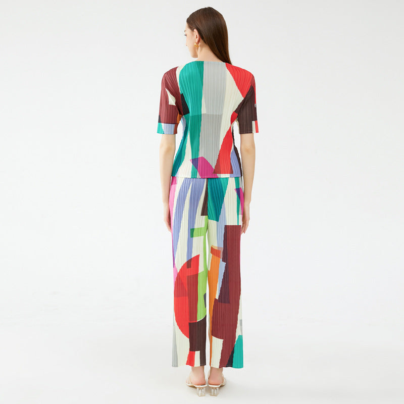 Suit Geometric round Neck Short Sleeve Top Versatile Waist Straight Casual Pants Two-Piece Set