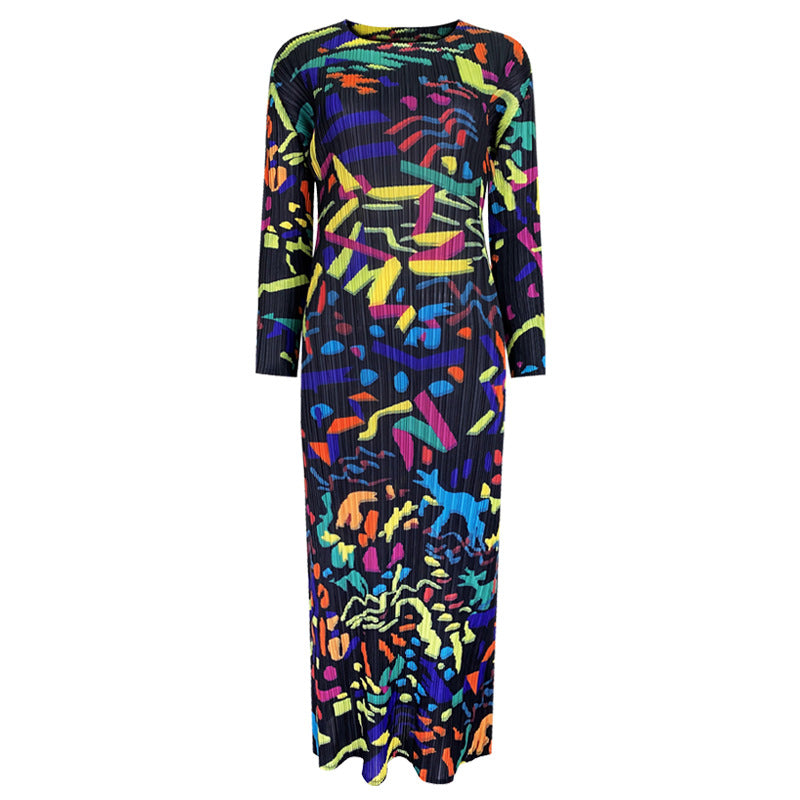 Women's Printed Long-Sleeved Graffiti Pleated Skirt Dress Slim Fit Slimming A- line Skirt Women