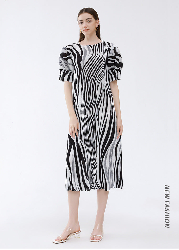 Zebra Pattern Loose Slimming Cute Youth-Looking Lantern Sleeve Dress Women