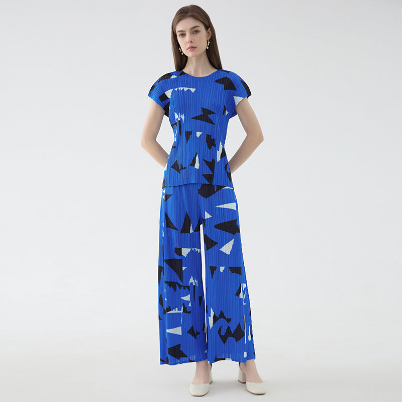 Square Printing Suit round Neck Short Sleeve Loose Top Wide Leg Pants Casual Two-Piece Suit