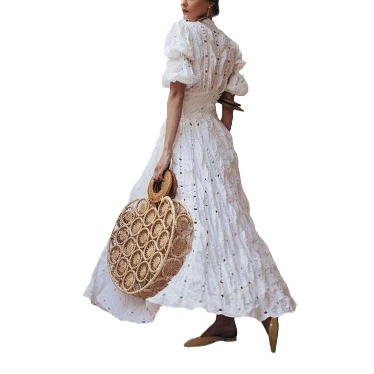 Deep V Puff Sleeve Lace Dress Hollow out Slim Fit Long Dress