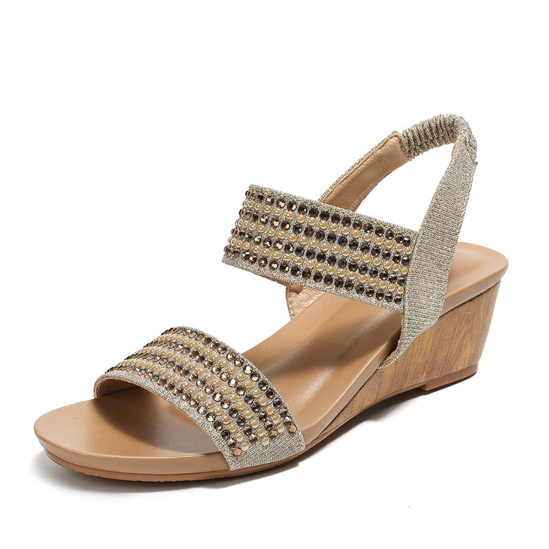 Fashion Heel Shoes Roman Shoes Rhinestone Elegant Heel Casual Wedge Sandals for Women