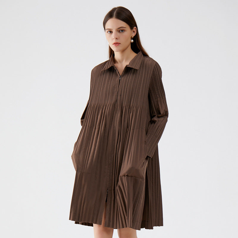 Women's Zipper Trench Coat Mid-Length Loose and Comfortable over the Knee Trench Coat