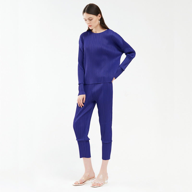 Stitching Casual Suit Long-Sleeved Top All-Matching Skinny Pants Two-Piece Set for Women