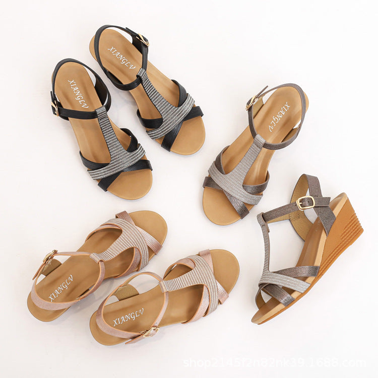 Bohemian Wedge Roman Shoes Women's Retro One-Strap Vacation plus Size Wedge Sandals Women