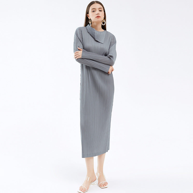 Solid Color Minimalist Long Sleeve Folding Collar Dress Women Slimming Elegant Dress Women