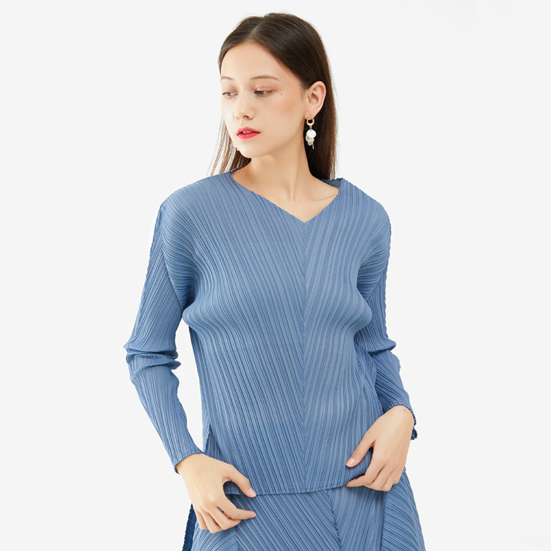 Solid Color Basic Two-Piece Suit Big Hem Skirt Long Sleeve V-neck Top