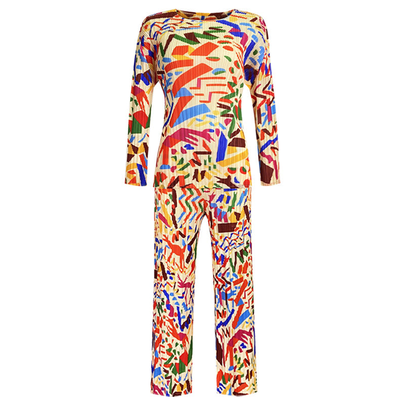 Suit Women Wholesale Printed Long-Sleeved Top Straight-Leg Trousers Two-Piece Set Women