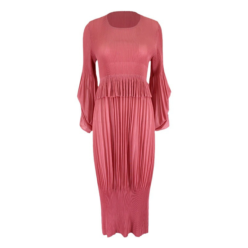 Simple Design Girlish Style Fresh Sweet Pleated Puff Sleeve Lantern Dress Jumpsuit Midi Dress for Women
