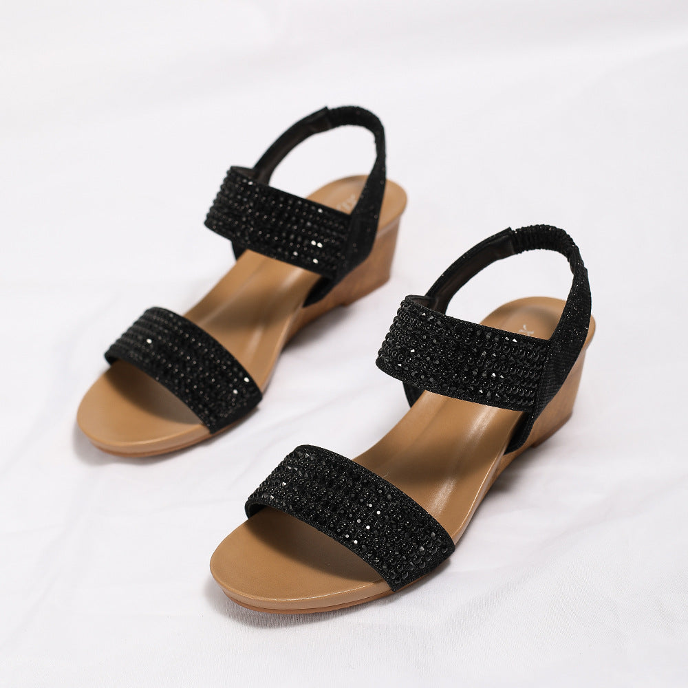 Fashion Heel Shoes Roman Shoes Rhinestone Elegant Heel Casual Wedge Sandals for Women