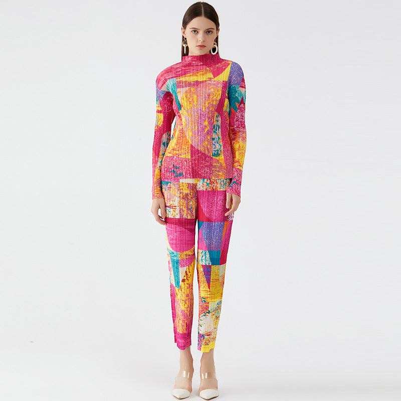 Suit Street Cool Pleated Long Sleeve Women's Loose Top Casual Pants Two-Piece Set