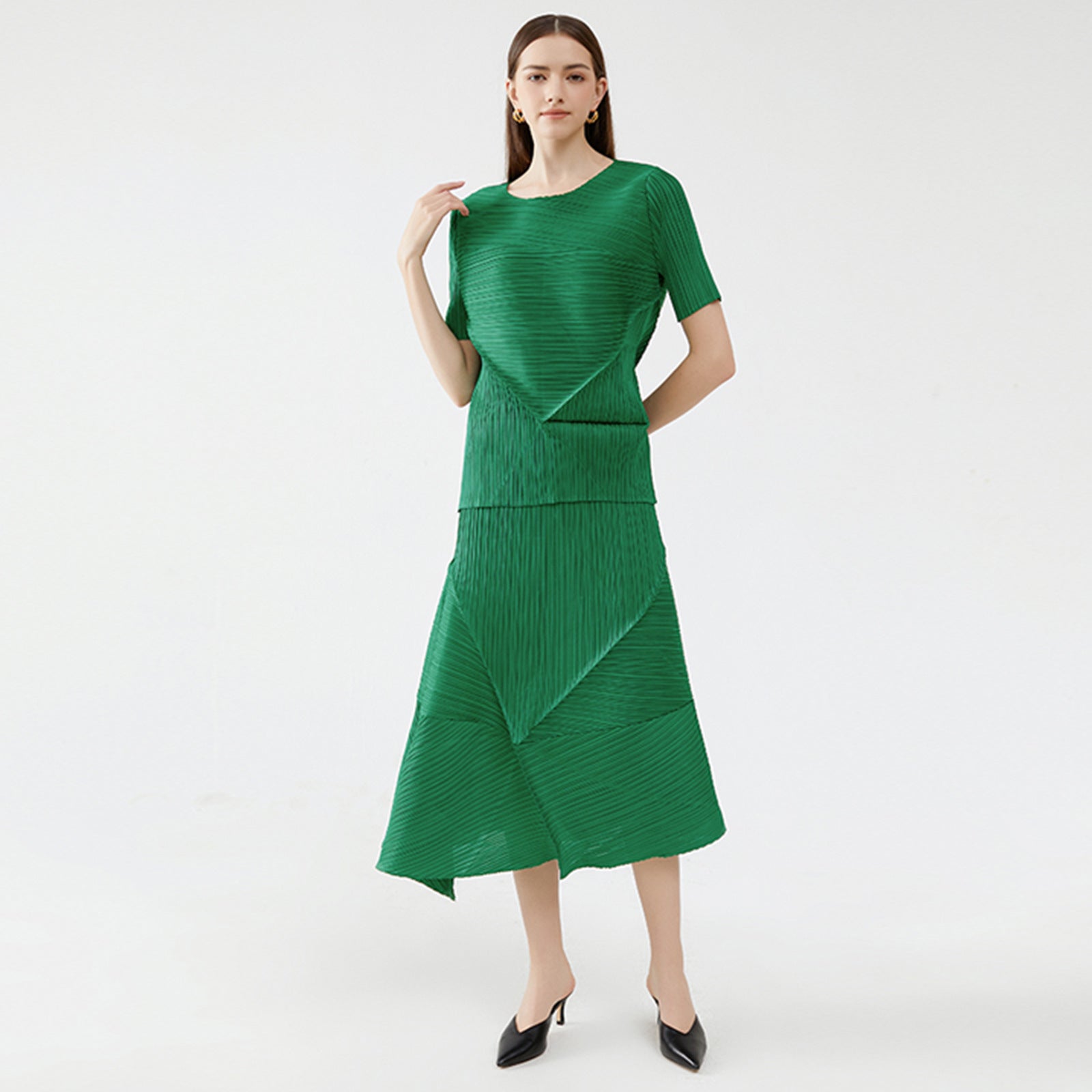 Solid Color Folding Two-Piece Set Elegant Short Sleeve Top and Skirt Suit