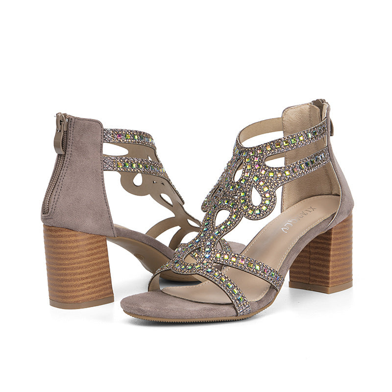 Women's Sandals Summer Fashionable Chunky Heel Rhinestone Fashion Roman Shoes
