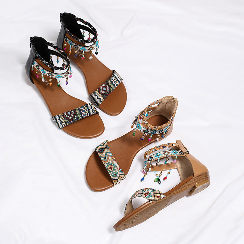 Ethnic Roman Sandals Handmade Beaded Back Zipper Ethnic Bohemian Flat Shoes