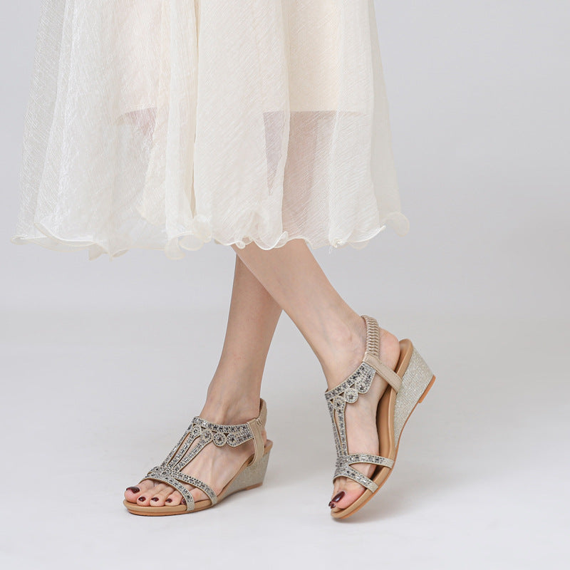 Wedge Rhinestone Sandals Women's Fashionable Comfortable Elastic Band Elegant Roman Shoes