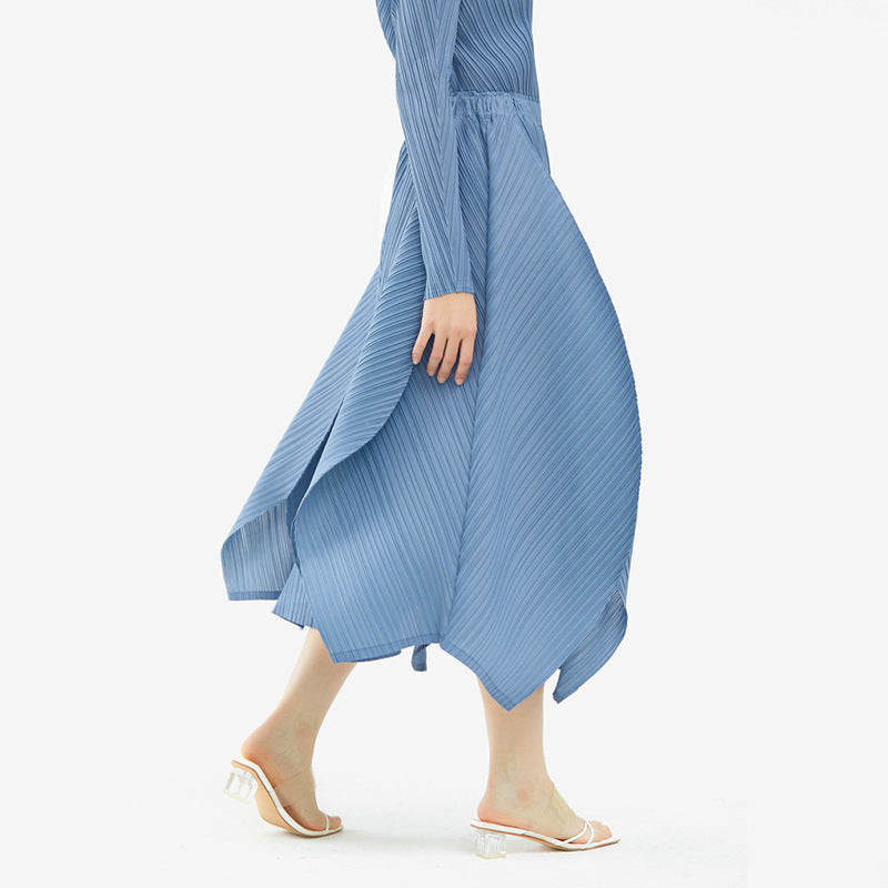 Solid Color Basic Two-Piece Suit Big Hem Skirt Long Sleeve V-neck Top